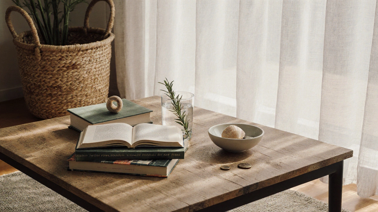 A coffee table with books, a seashell, and a ceramic bowl in natural light.