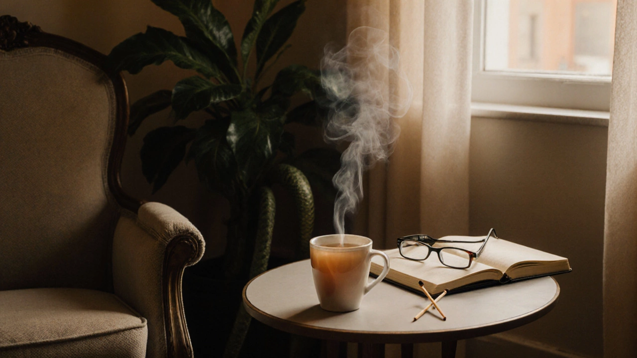 An armchair with tea and a smoldering matchstick beside a window with flowing curtains.