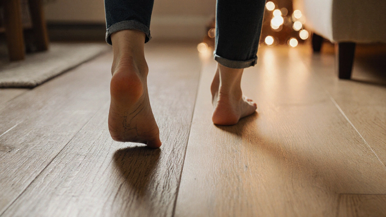 Barefoot person walking on laminate versus vinyl flooring, showing contrast in comfort and sound.