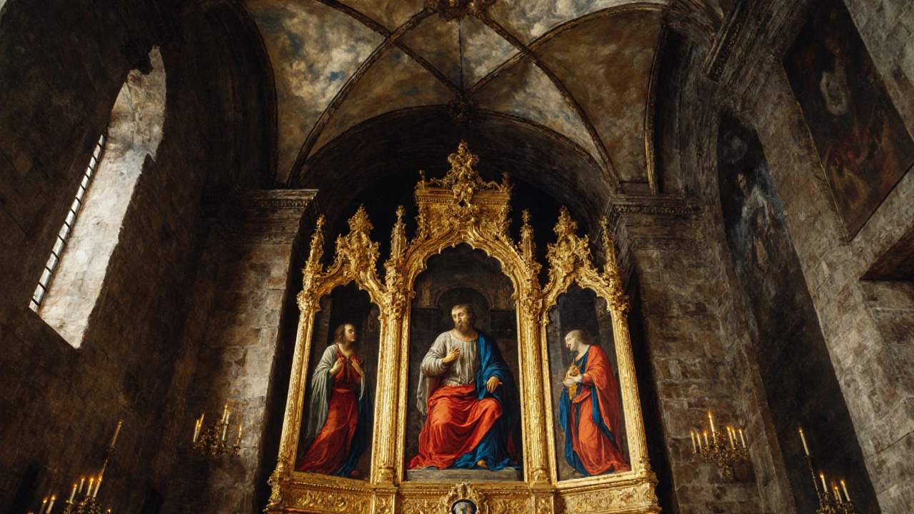 Baroque chapel interior featuring a richly colored five‑panel Renaissance altarpiece.