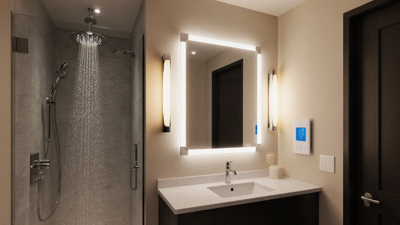 Bathroom showcasing LED mirror, wall sconces, and a rain showerhead under gentle light.