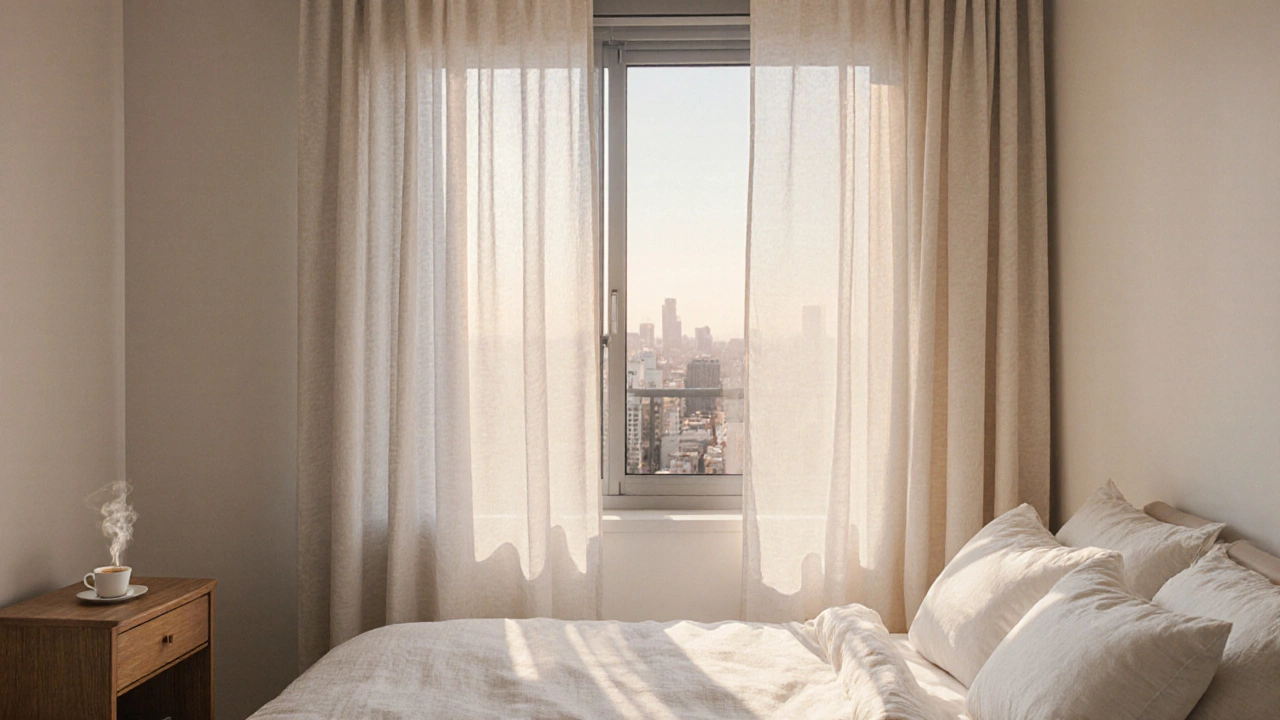 Bedroom window showing sheer curtains layered over grey vertical blinds at sunrise.