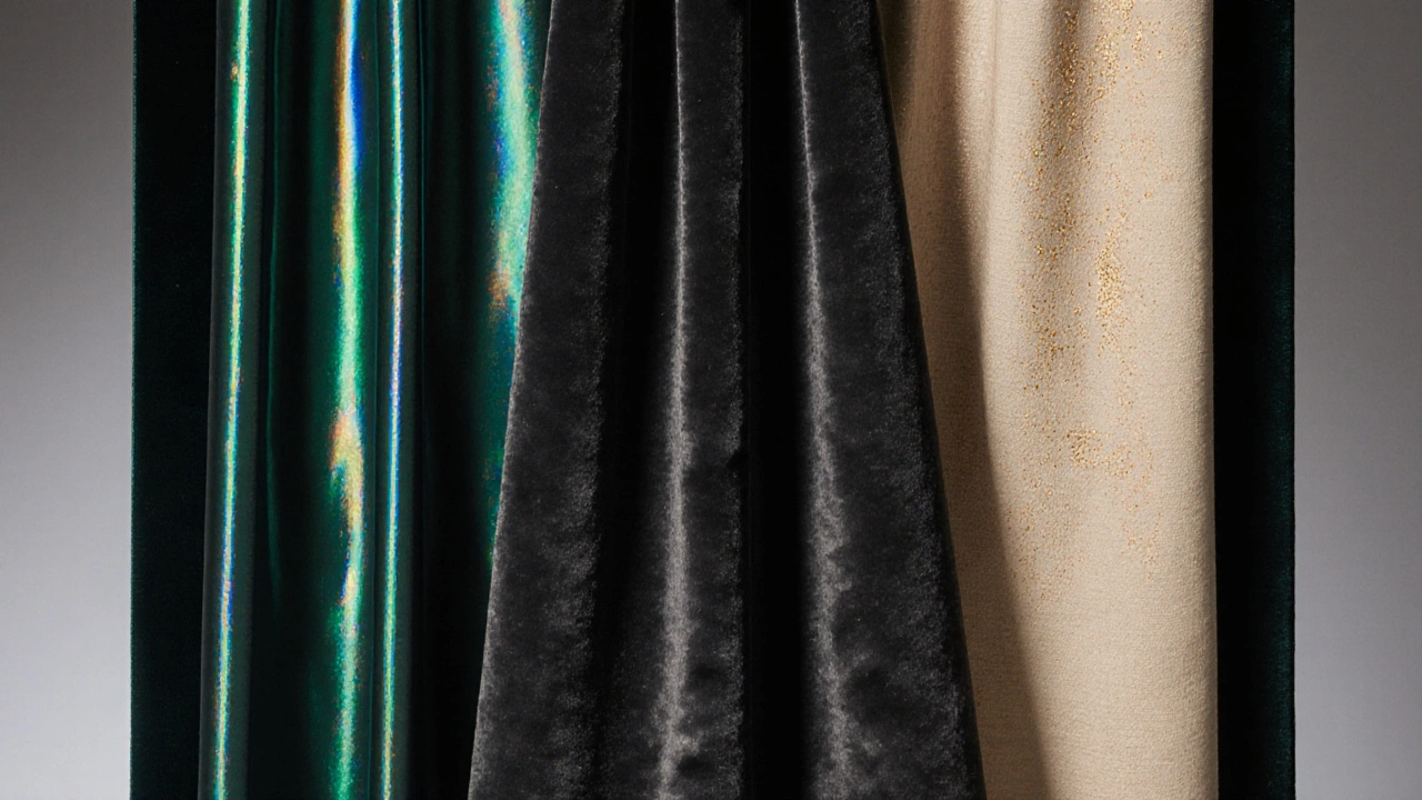 Close‑up of silk, velvet, and linen fabric swatches highlighting texture and sheen.