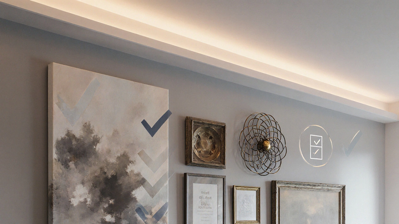 Completed wall display with balanced art pieces, illuminated and harmonious.