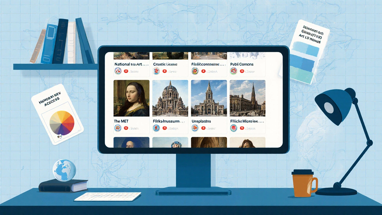 Computer screen showing thumbnails from free art sources with license icons.