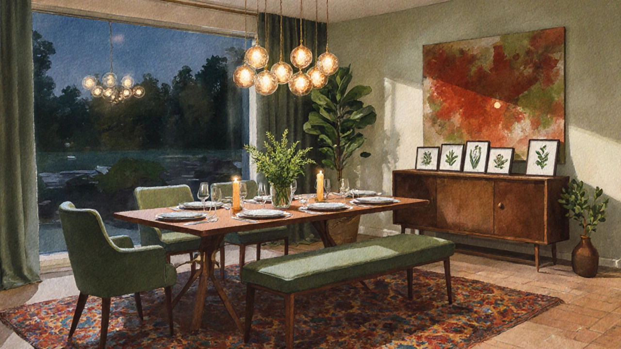 Cozy evening dining scene with warm lighting, table settings, bench, chairs, rug, plant, and wall art.