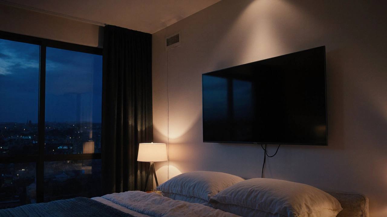 Cozy night bedroom with a wall‑mounted TV, dim warm lighting, blackout curtains, and hidden cables.