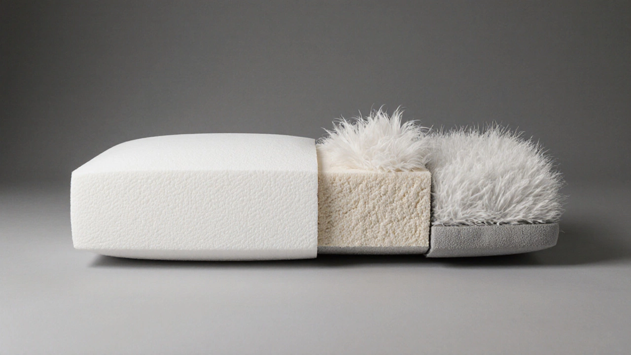 Cutaway view of a cushion revealing foam, feather, and polyester fills.