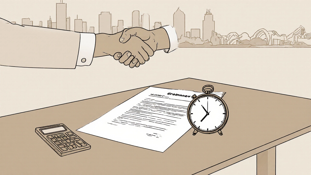 Designer and client shake hands over contract and clock, with city skyline behind.