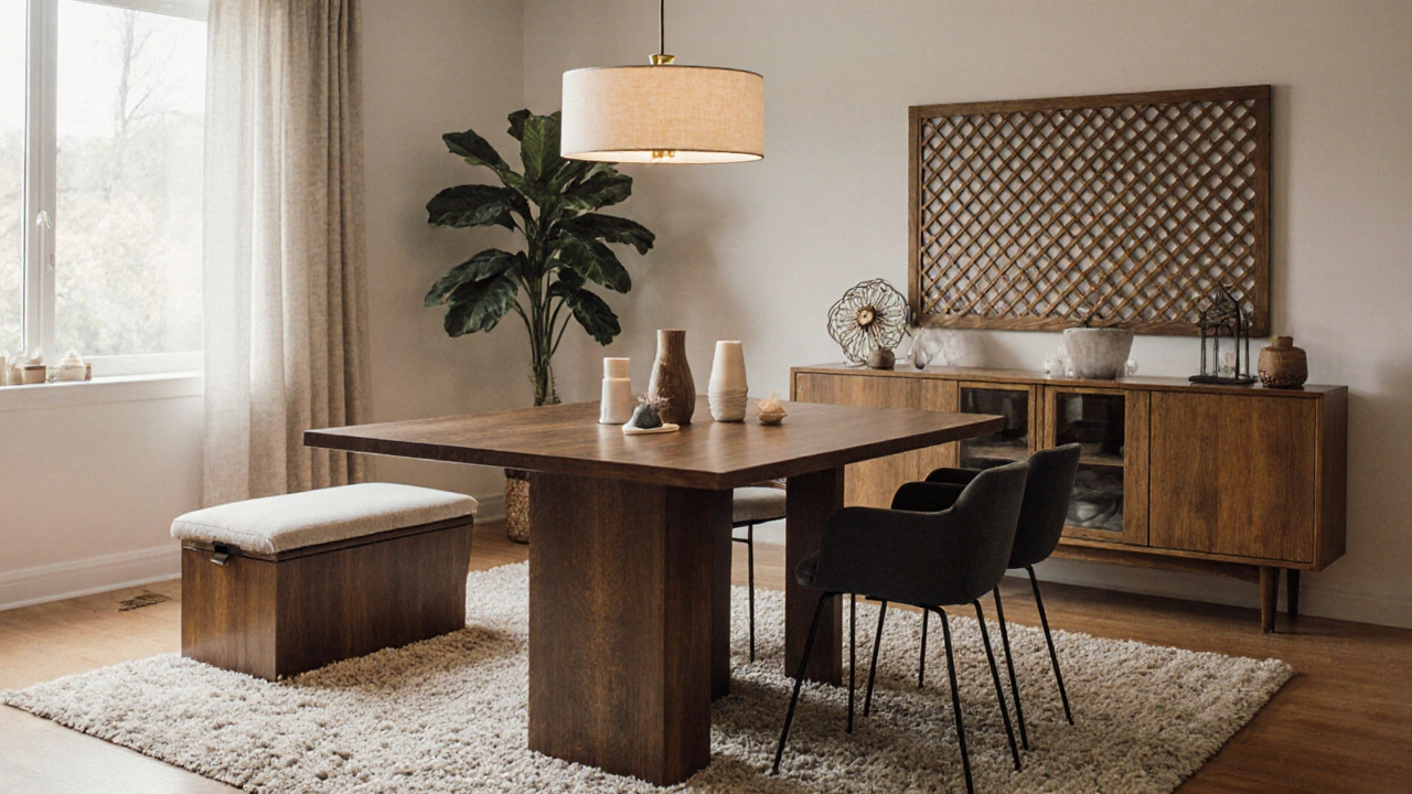 Dining room with centered table, bench, chairs, sideboard, rug, pendant light, screen divider, and plant.
