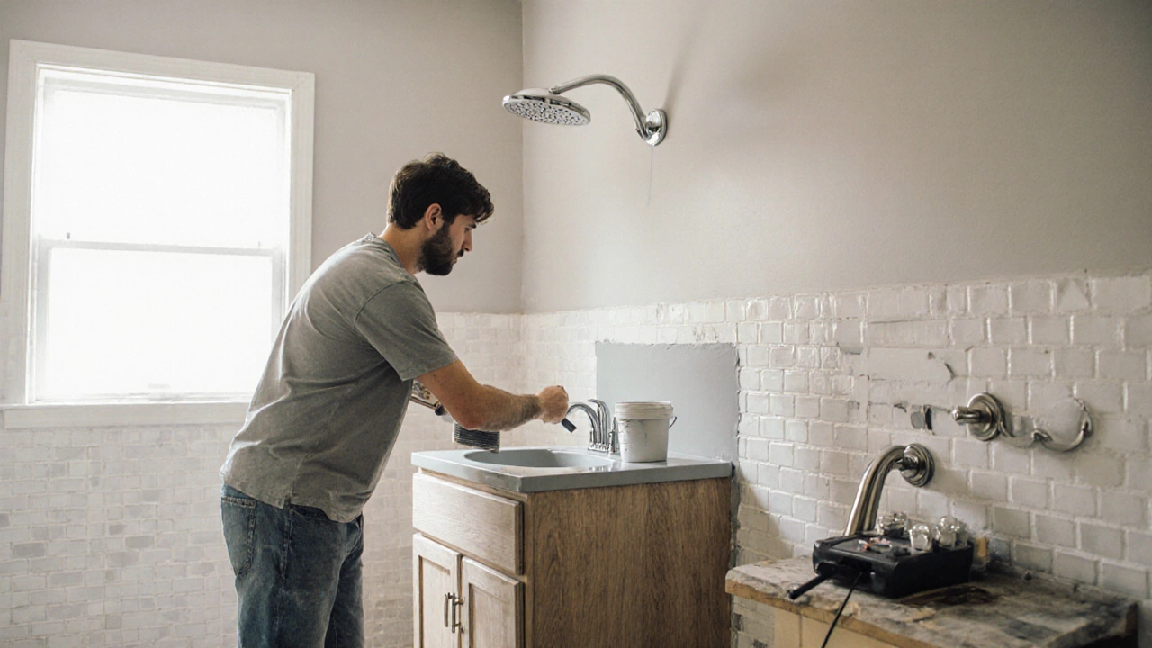 DIY makeover with homeowner painting vanity and installing a rain showerhead.