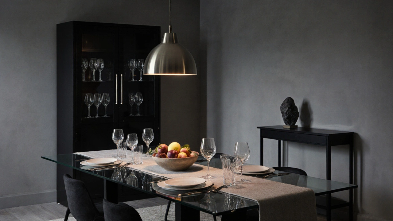 Evening dining room scene with a glass table, pendant light, hutch, and console, set for a dinner.