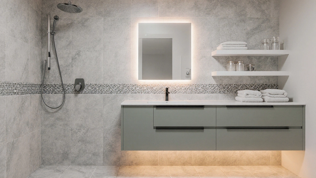 Finished budget‑luxury bathroom with sleek fixtures, accent tile strip, and LED lighting.