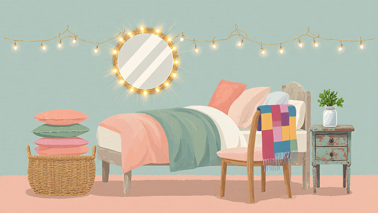 Flat design view of a cute room featuring cushions, scarf, fairy‑light mirror, plant and storage basket.