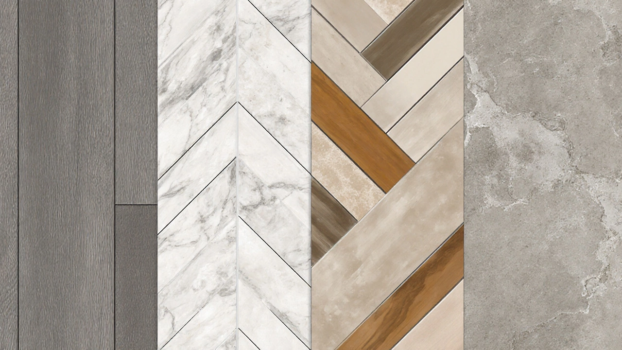 Flat‑lay of engineered wood, marble‑look vinyl, porcelain tile, and polished concrete samples.