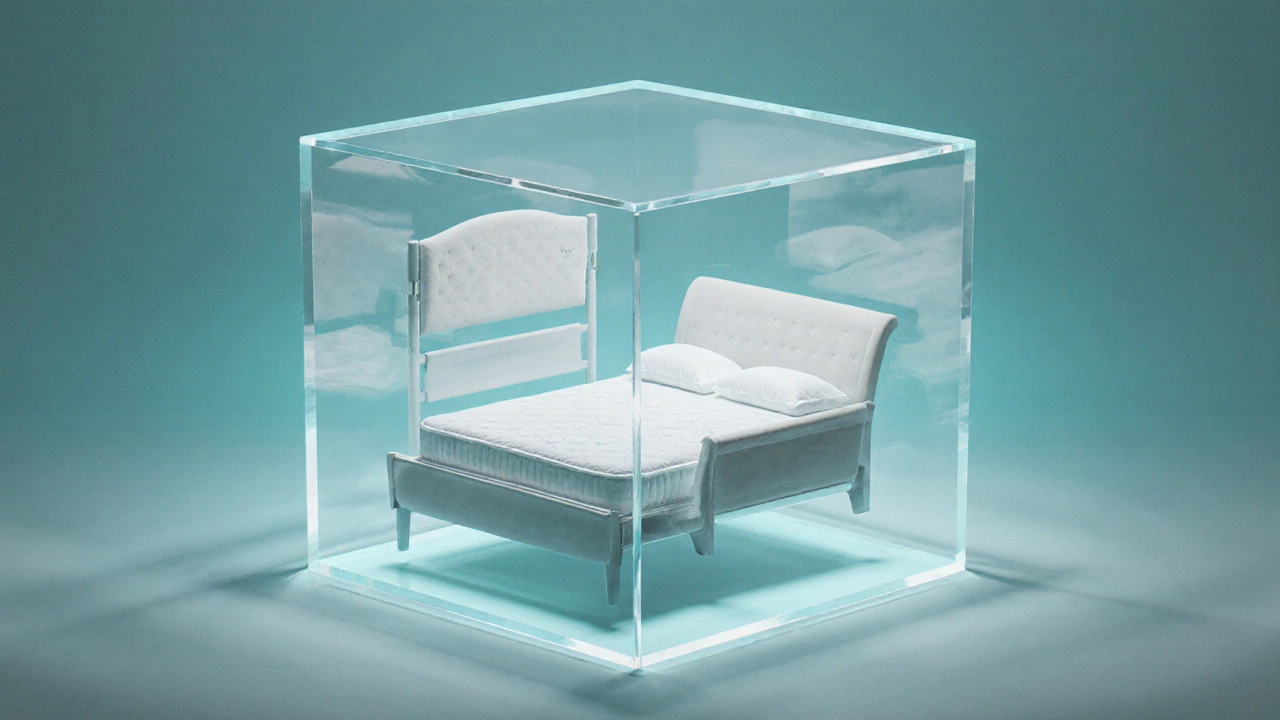 Floating king bed components inside a glowing transparent cube representing a storage unit.