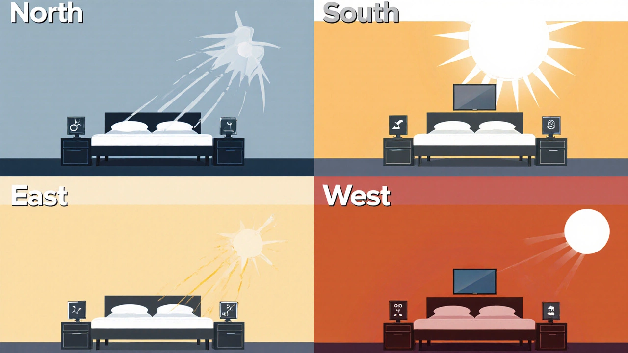 Four‑panel illustration showing north, south, east, and west walls with TVs and light‑condition icons.