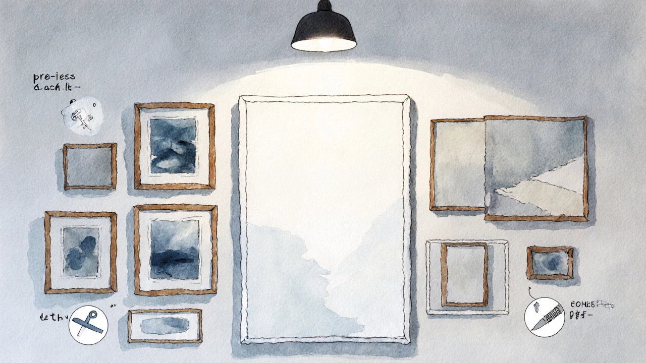 Gallery wall layout with framed artworks spaced evenly and spotlights above.