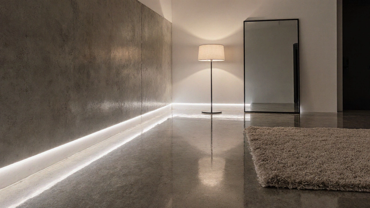 Glossy floor highlighted by LED edge lighting, mirror reflection, and a modern rug.