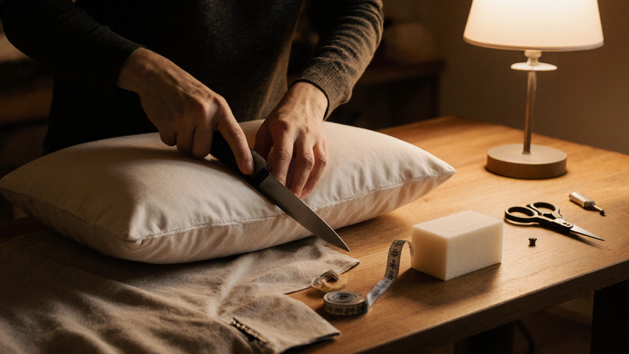 Hands measuring and cutting a cushion with tools in a warm workshop.