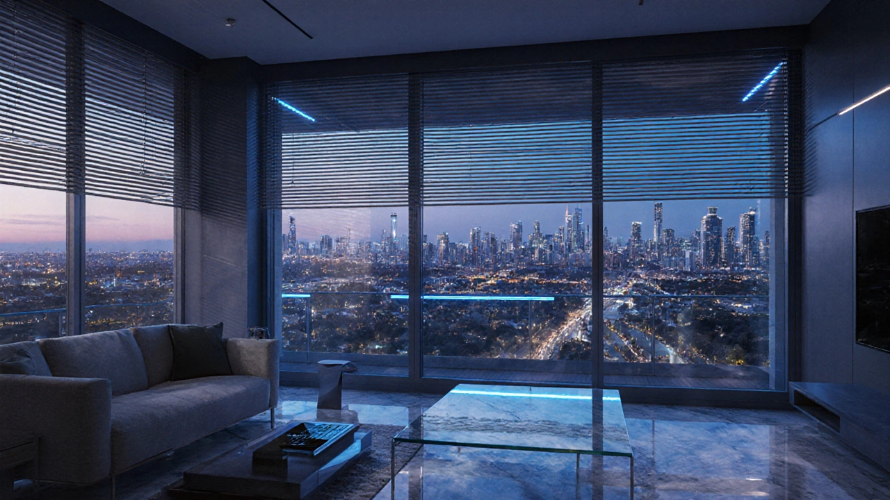 High‑tech penthouse with motorised blinds lowering as LED lights change colour.