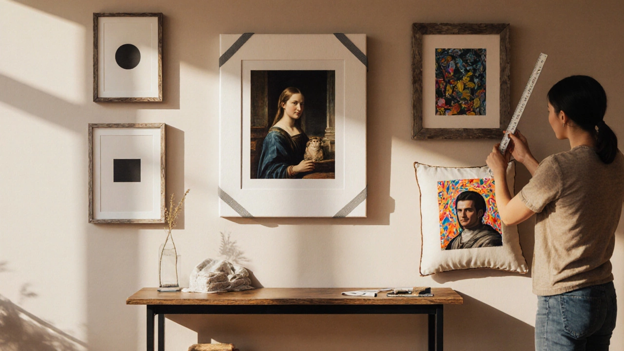Home interior with printed free paintings hung on a gallery wall.
