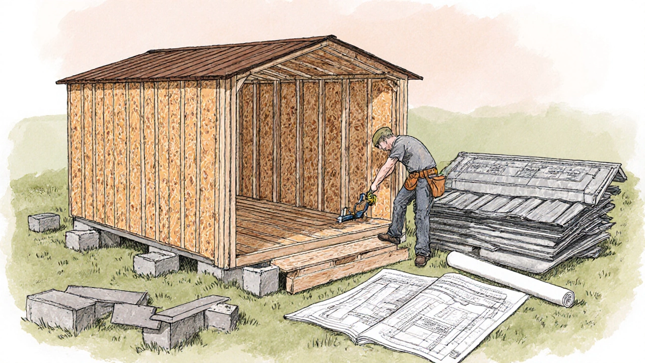 Illustration of a shed frame being built on concrete blocks with lumber, roofing, and insulation piles.