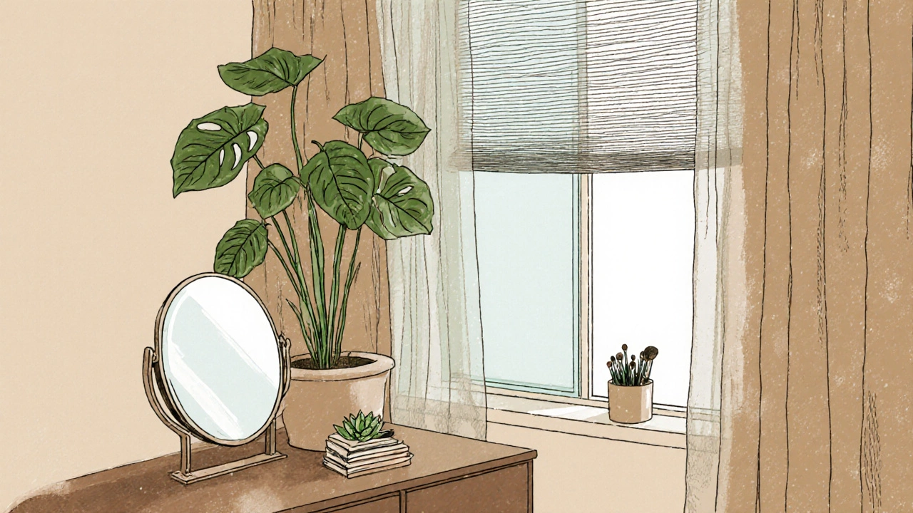 Illustration of a vanity with sheer curtains, top‑down blinds, frosted glass, and a plant screen.