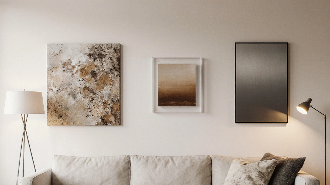 Living‑room wall displaying canvas, acrylic block, and metal prints of the same artwork.