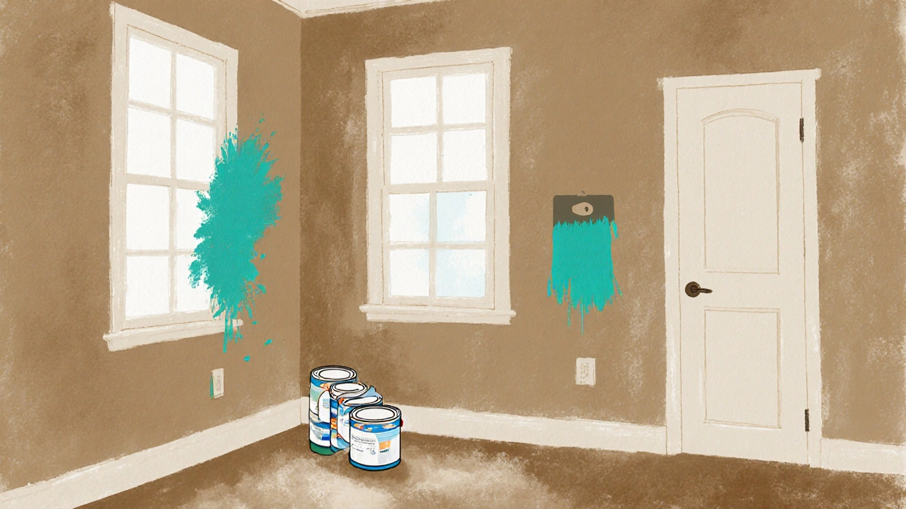 Living room with paint cans and partial wall painted, showing cost saving.