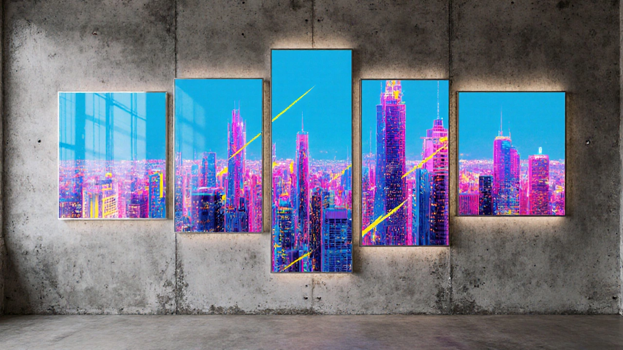 Modern loft displaying a neon‑backlit six‑panel abstract cityscape acrylic polyptych.