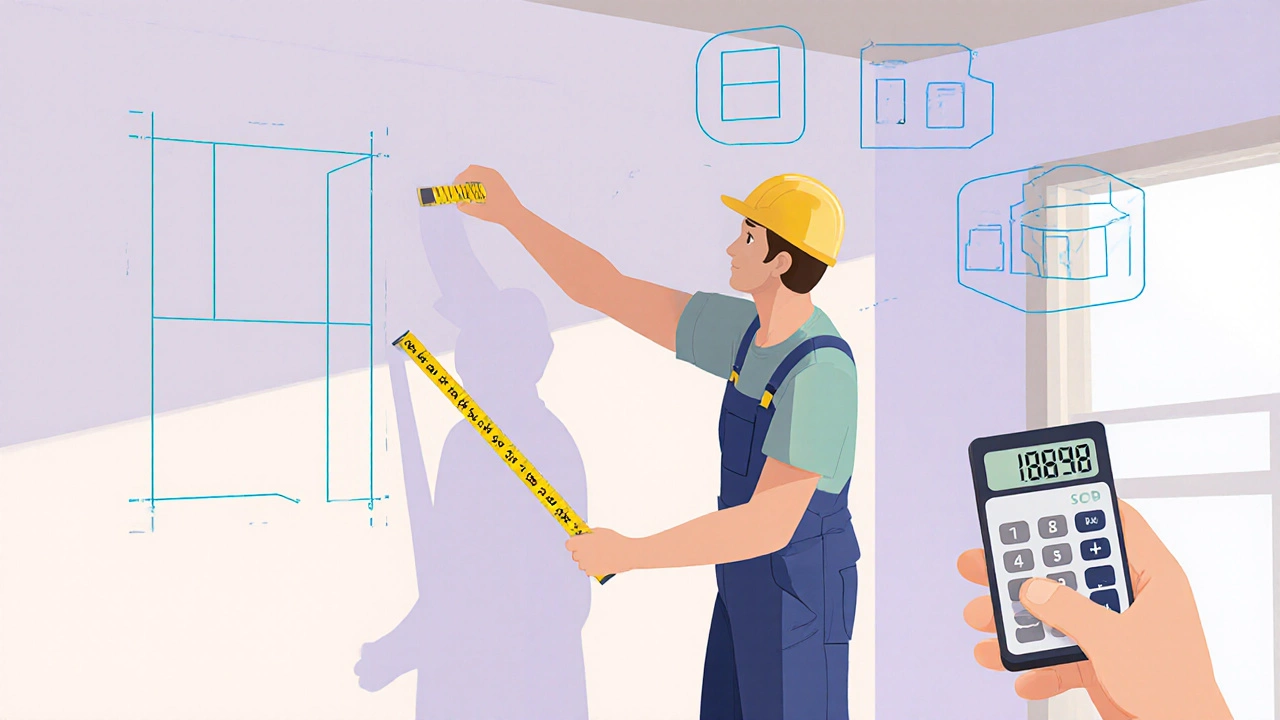 Person measuring a wall with tape and calculator, schematic icons nearby.