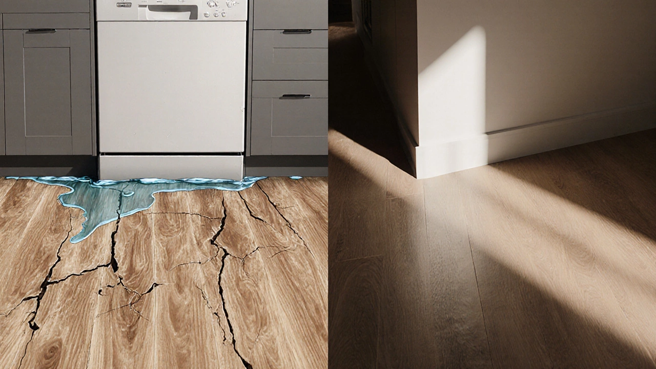 Side-by-side comparison of warped laminate floor versus intact vinyl floor after water exposure.