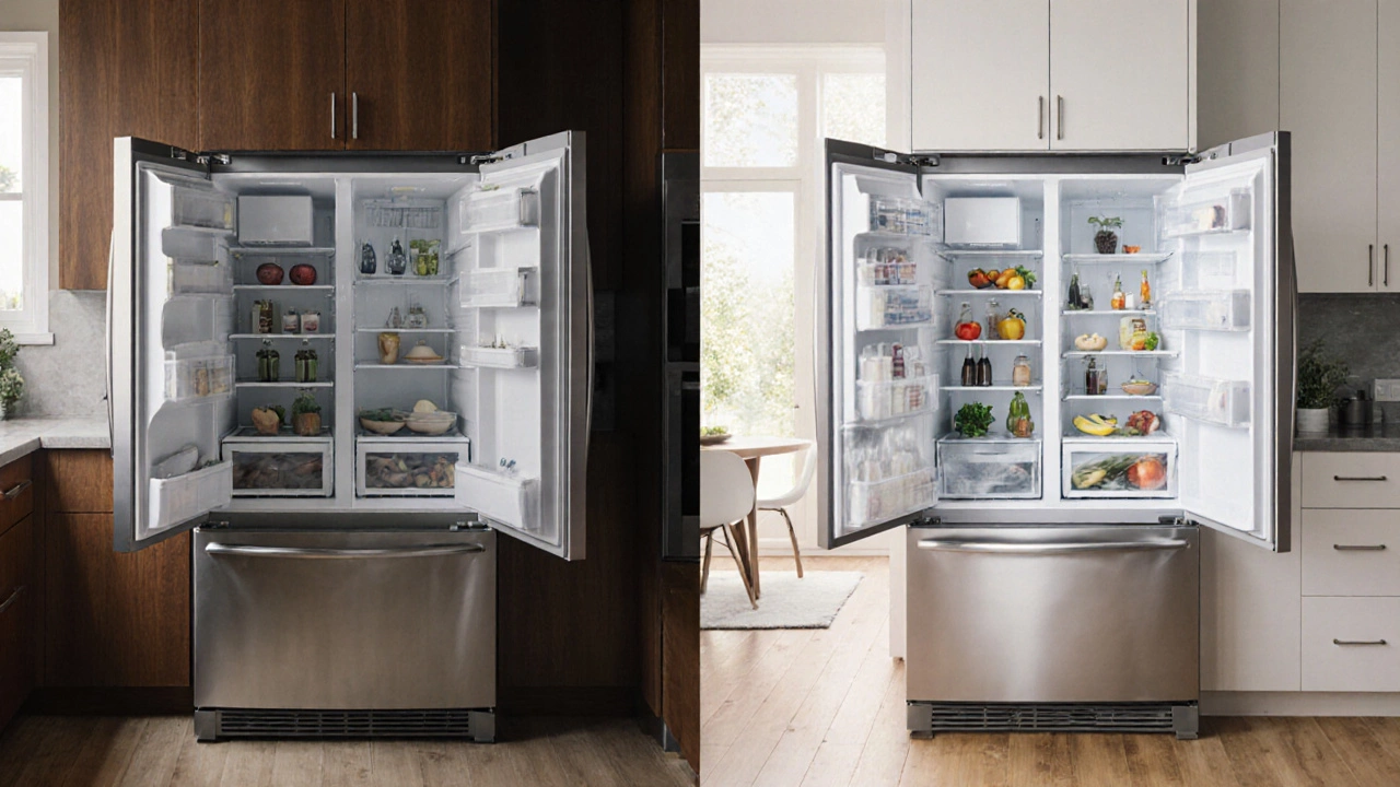 Side‑by‑side fridge contrasted with a sleek French‑door model in a modern kitchen.