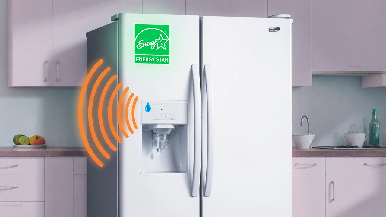Side‑by‑side refrigerator with visible sound waves and a small water leak near the ice maker.