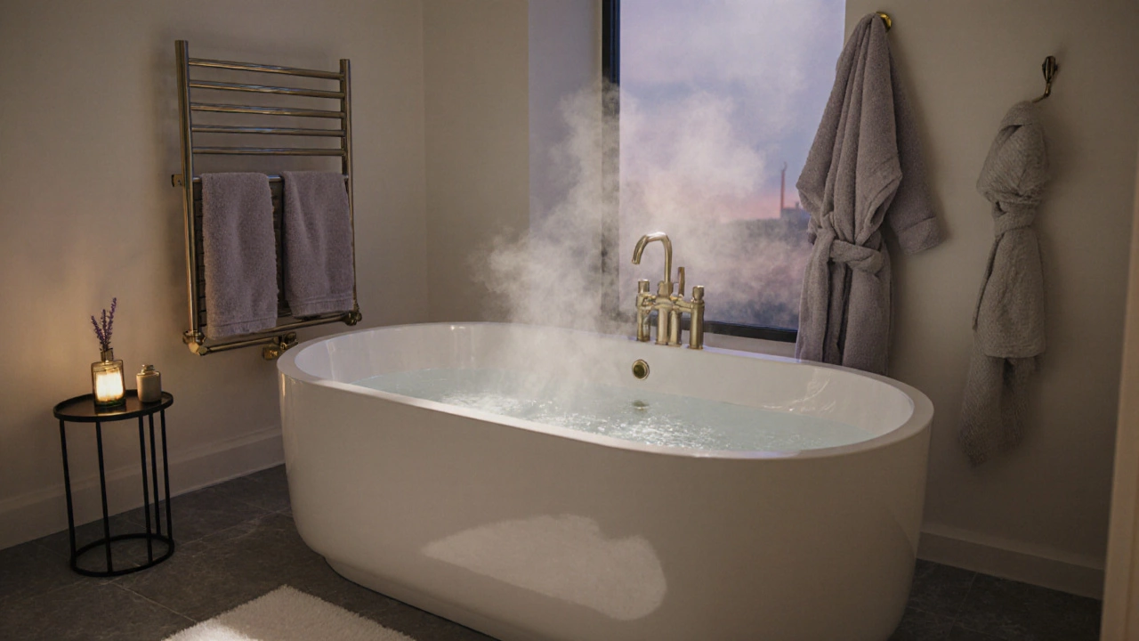 Spa‑style bathroom with freestanding tub, heated towel rack and plush towels.