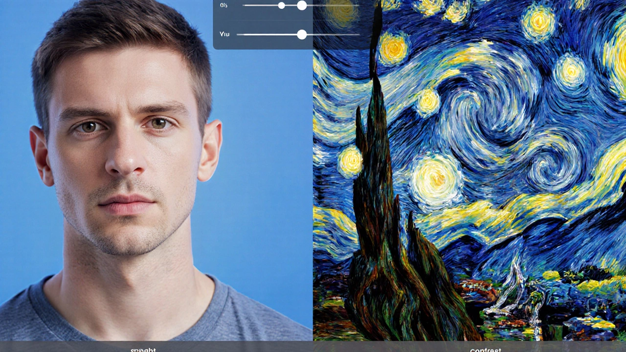 Split view of original portrait and Van Gogh‑style neural‑style transferred version with UI sliders.