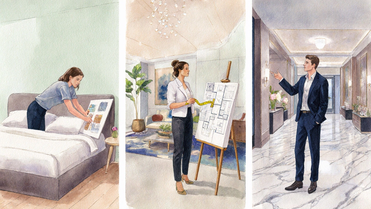 Three watercolor panels show junior, mid‑level, and senior designers at work.
