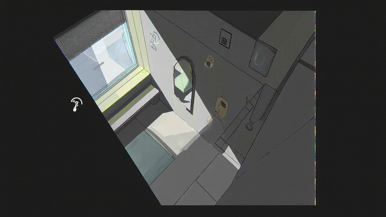 Top‑down bedroom layout showing a tilted dressing table, angled mirror, and clear pathways.