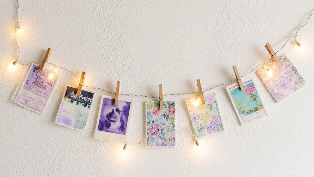 Wall collage with postcards, tickets, clothespins and fairy lights in pastel watercolor style.