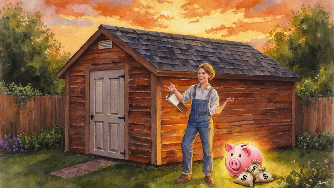 Watercolor of a finished wooden shed at sunset with a homeowner holding a clipboard and money bags.