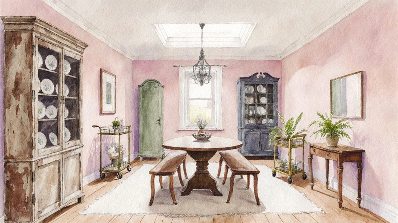 Watercolor view of sideboard, china cabinet, hutch, bar cart, bench, and console table in a styled room.