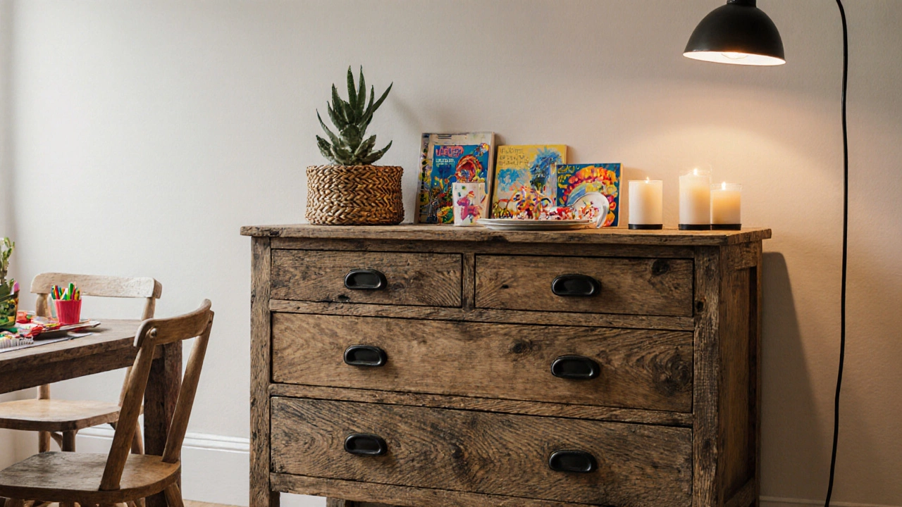 A distressed oak dresser in a family dining nook storing party supplies and crayons, with a basket and succulent on top.