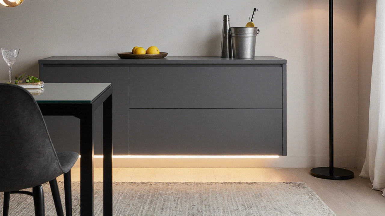 A slim gray dresser in a modern dining room holding cocktail items, with LED lighting glowing beneath it.