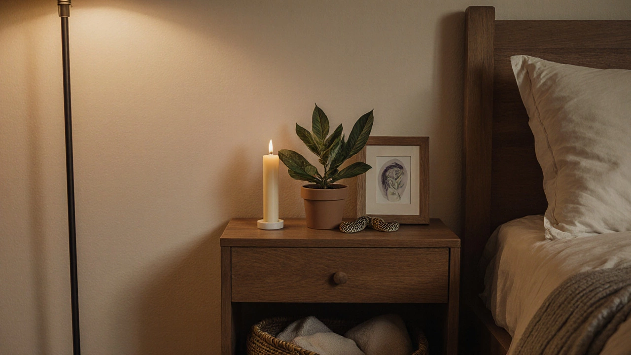 A wooden nightstand with a candle, small plant, and framed photo in a warm, tranquil bedroom corner.