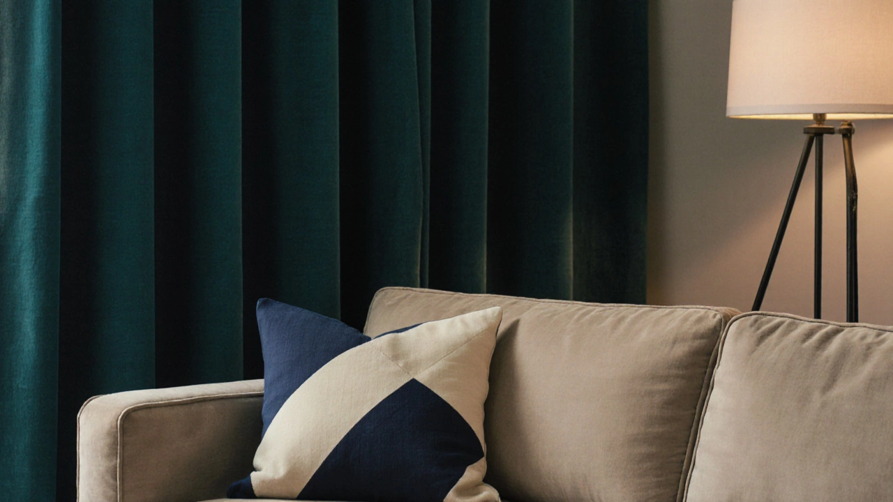 Beige velvet sofa with deep teal curtains showing subtle color harmony.