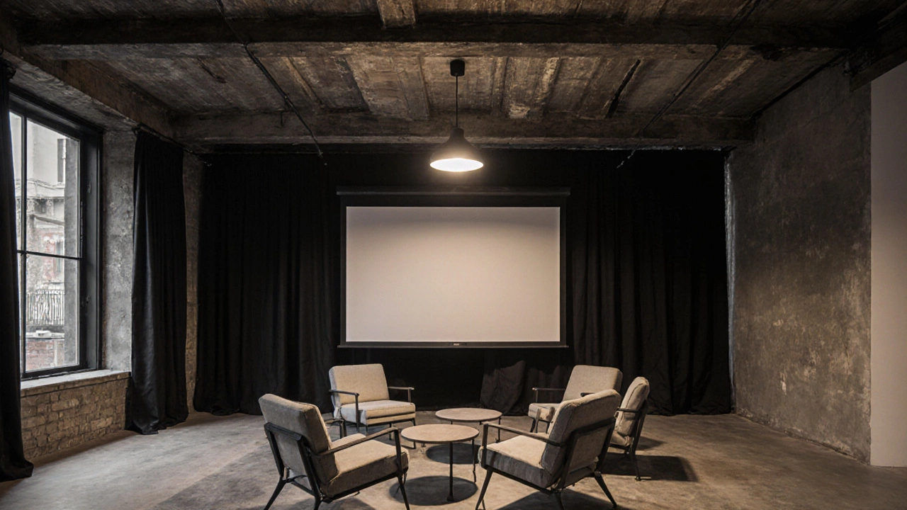 Ceiling-mounted TV centered above a circular seating arrangement in a loft.