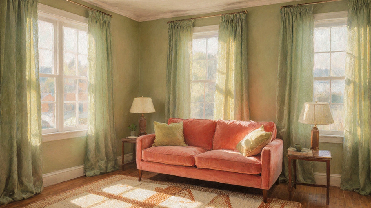 Coral sofa paired with sage green curtains in a sunlit sunroom.