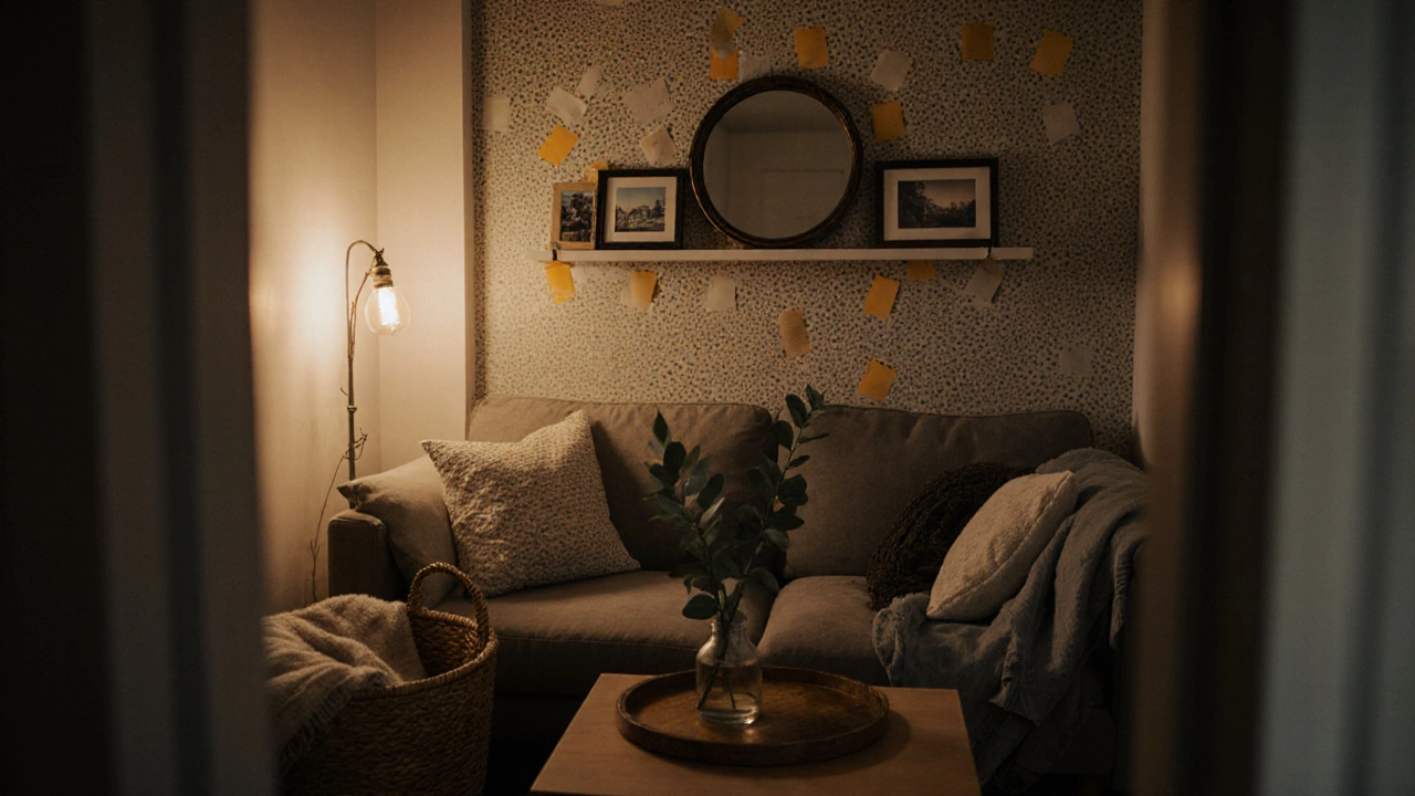 Cozy apartment corner with framed photos, mirror, basket, and eucalyptus under soft golden light.