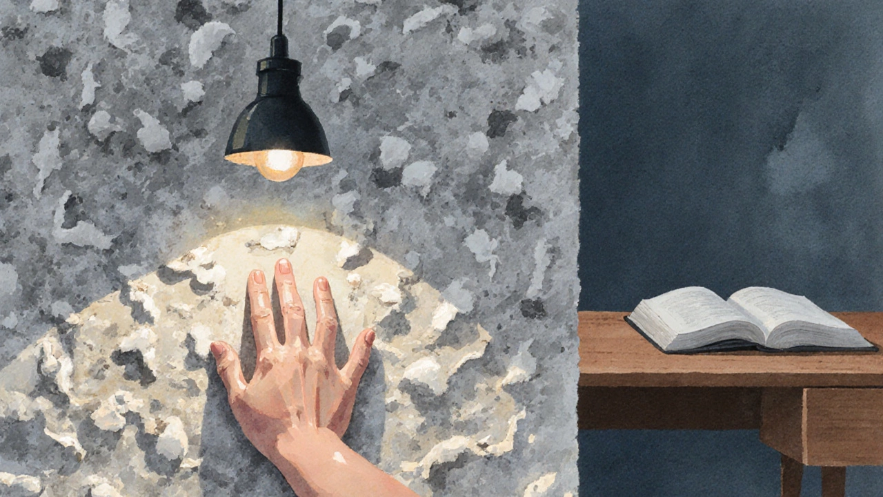 Hand touching handmade paper wallpaper with embedded fibers, warm light highlighting its tactile surface.